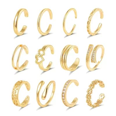 12 pc Gold Plated Adjustable Toe Rings