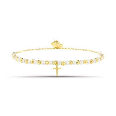 petit cheris 14k Gold Flash Plated Round Simulated Pearl Adjustable Bracelet