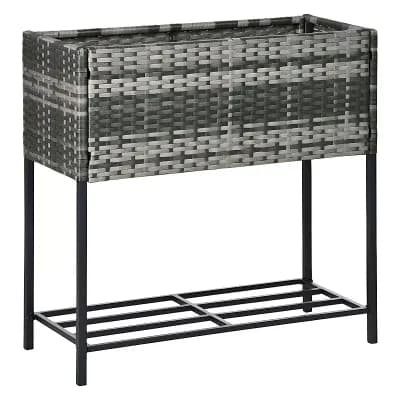 Raised PE Rattan Planter with Storage Shelf for Flowers, Herbs, Vegetables