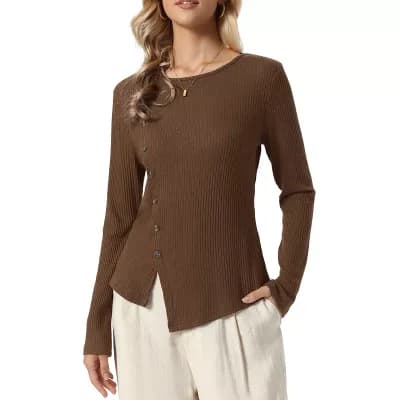 Long Sleeve Sweater for Women's Crew Neck Button Decor Casual Knit Ribbed Pullover Tops