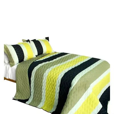 3 pc Cotton Bedspread Set Stripe Wave Quilt Horizontal Design Reversible Bedding with Pillow Shams