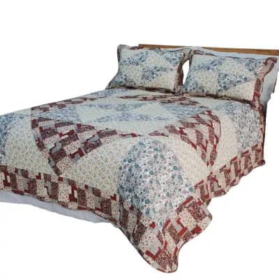 3 pc Cotton Quilt Set Reversible Floral Patchwork Design with Pillow Sham Vermicelli Stitching