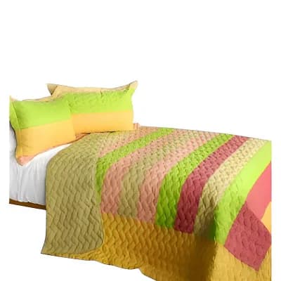 3 pc Cotton Color Stripe Wave Patchwork Quilt Set Reversible Bedspread with Pillow Shams