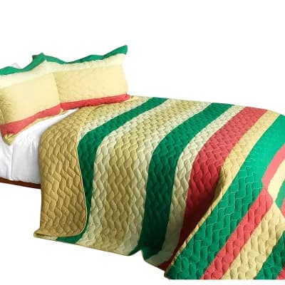 3 pc Reversible Cotton Quilt Set Horizontal Stripe Wave Design Bedspread Set with Shams