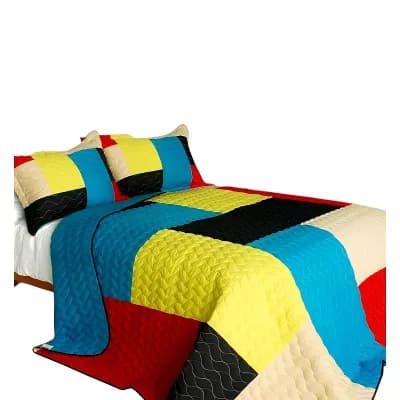 3 pc Cotton Bedspread Set Color-Block Quilt Reversible Bedding Set with Pillow Shams