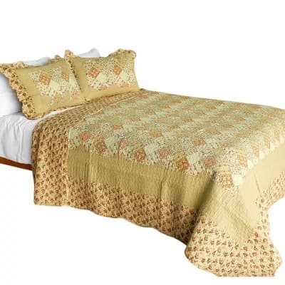 3 pc Floral Cotton Bed Quilt Set with Stitched Texture and Matching Pillow Shams