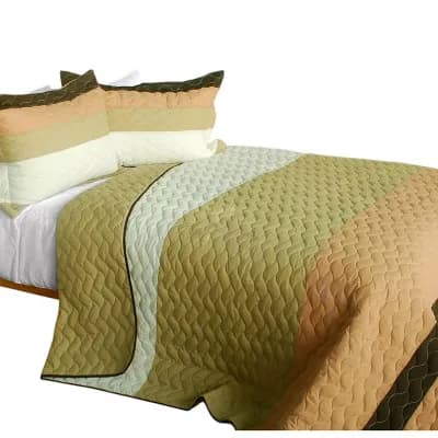 3 pc Horizontal Stripe Pattern Quilt Set Cotton Patchwork Vermicelli Quilted Bedspread Set