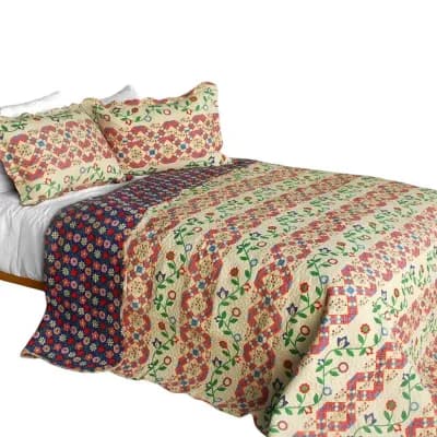 Full Queen Cotton Quilt Set 3 pc Reversible Printed Bedding with 2 Pillow Shams