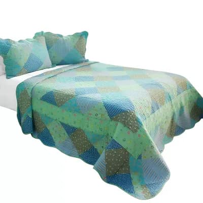 3 pc Floral Cotton Quilt Bedding Set Vermicelli Stitch Texture with Matching Quilted Shams