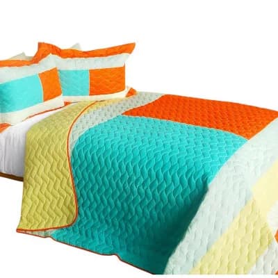 3 pc Color Block Patchwork Quilt Set Cotton Vermicelli Quilted Bedspread Bedding Set