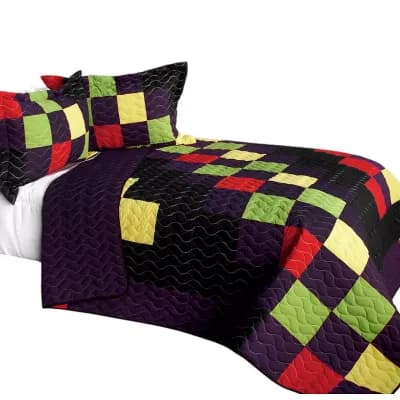 3 pc Color Block Quilt Bed Set TC Fabric with Handmade Stitch Detail and Matching Pillow Shams
