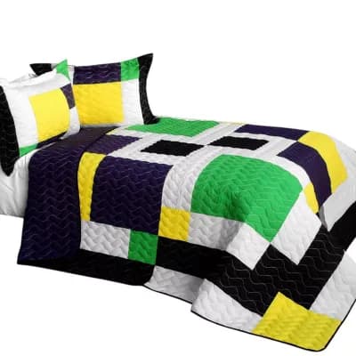 3 pc Color Block Quilt Bed Cover Set with Handmade Finish and Coordinated Quilted Shams