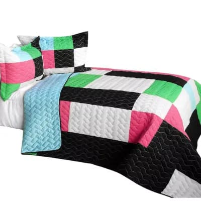 3 pc Geometric TC Fabric Quilt Bedding Set Vermicelli Stitch Texture with Quilted Shams