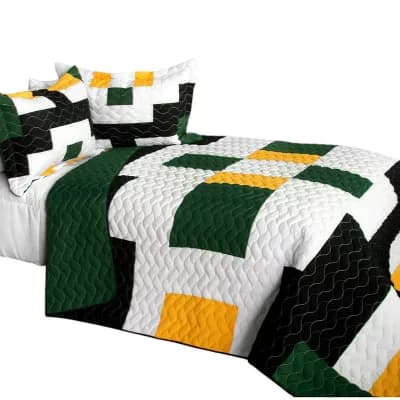 3 pc Color Block Patchwork TC Fabric Quilt Bedding Set Vermicelli Stitch Texture with Quilted Shams