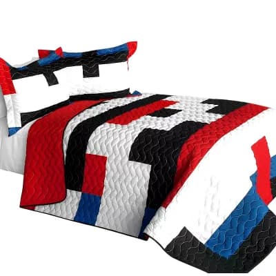 3 pc Color Block Quilt Bed Set TC Fabric with Handmade Stitch Detail and Matching Pillow Shams