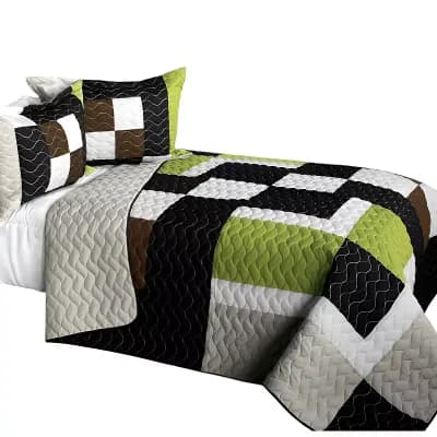 3 pc Geometric TC Fabric Quilt Bedding Set Vermicelli Stitch Texture with Quilted Shams