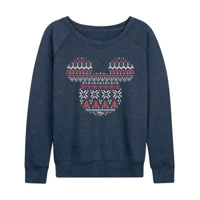 Women's Disney's Mickey Mouse Fair Isle Holiday Patterns French Terry Long Sleeve Tee