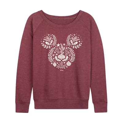 Women's Disney's Mickey Mouse Christmas Silhouette French Terry Long Sleeve Tee