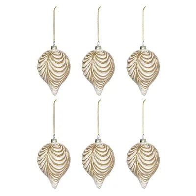 Set of 6 Glass Drapery Glitter Pattern Christmas Ornaments Tree Decor