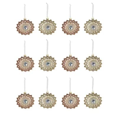 Gem and Glitter Brooch Glass Christmas Ornament Set of 12, Hanging Tree Decorations