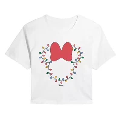 Juniors' Disney's Minnie Mouse Christmas Lights Cropped Tee