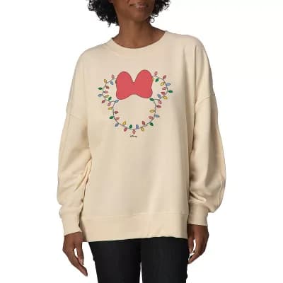 Women's Disney's Minnie Mouse Christmas Lights Oversized Fleece Crew Sweatshirt