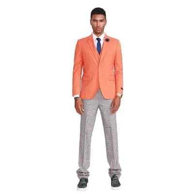 Men's 3 pc Solid Suit Set w/ Plaid Pants