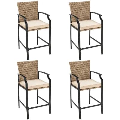 Costway 4 pc Patio Rattan Bar Stool Chairs Cushioned Seat Footrest & Armrest