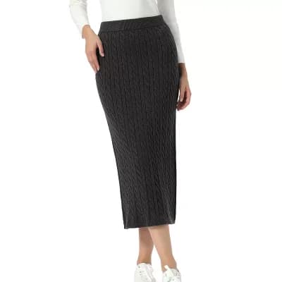 Cable Knit Sweater Skirt for Women's Elastic Waist Straight Ribbed Casual Knit Midi Skirt