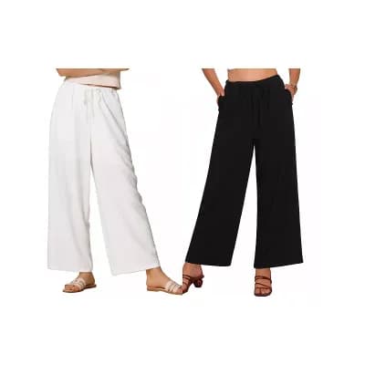 2 Packs Women's Linen Pants High Waist Drawstring Loose Fit Lightweight Long Palazzo Gauze Pants