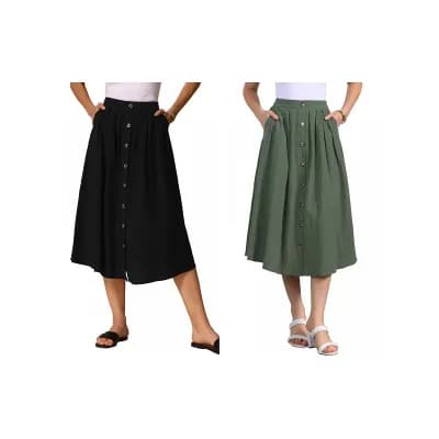 2 Packs A-Line Casual Midi Skirt for Women's Pleated Elastic Waist Button Front with Pocket