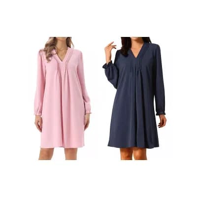2 Packs Women's Casual Knee Length Dress Long Sleeve V Neck Pleated Flowy Loose Shirt Dress