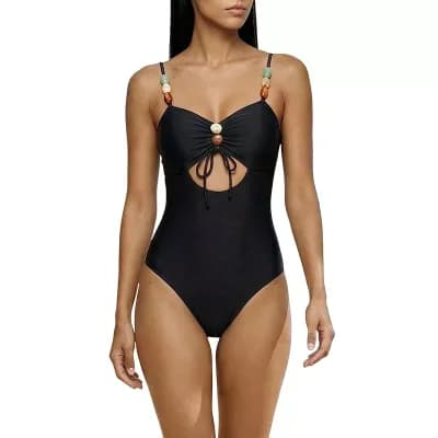 Women's Retro Faux Stone Cut Out Monokini Bikini 1 pc Straps Tops Tummy Control Swimwear