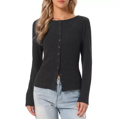 Knit Top for Women's Long Sleeve Button Down Fitted Solid Casual Cardigan