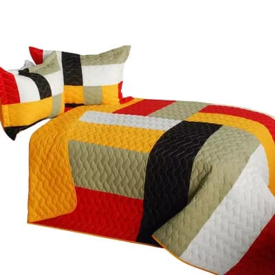 3 pc Geometric Patchwork Quilt Set With Vermicelli Stitching And Shams