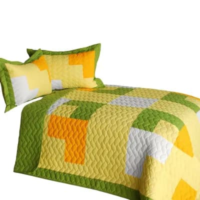 3 pc Geometric Patchwork Quilt Set with Shams Vermicelli Quilted Reversible Bedding Set