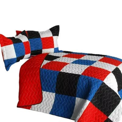 3 pc Vermicelli Quilted Plaid Patchwork Quilt Bedding Set with Two Pillow Shams