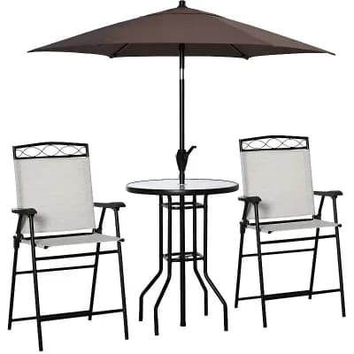 4 pc Patio Bar Set Folding Chairs Glass Top Table with Tilt Umbrella