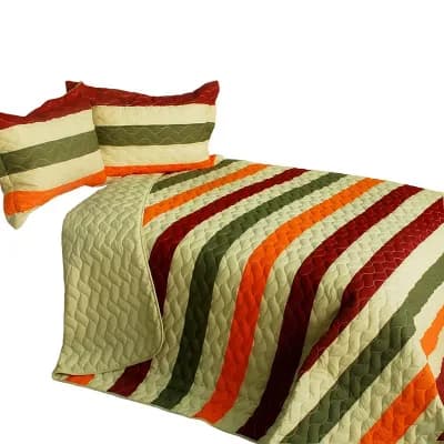 3 pc Horizontal Stripe Quilt Set Vermicelli Quilted Bedspread with Coordinated Shams