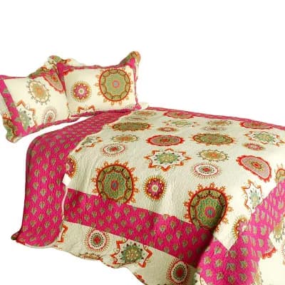 3 pc Circles Print Quilt Set with Shams Vermicelli Quilted Bedding Set Cotton