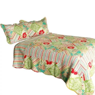 3 pc Floral Print Quilt Set with Shams Vermicelli Quilted Bedding Set Cotton