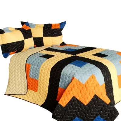 3 pc Geometric Patchwork Quilt Set with Shams Chevron Vermicelli Quilted Bedding