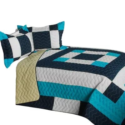 3 pc Geometric Patchwork Quilt Set With Vermicelli Stitching