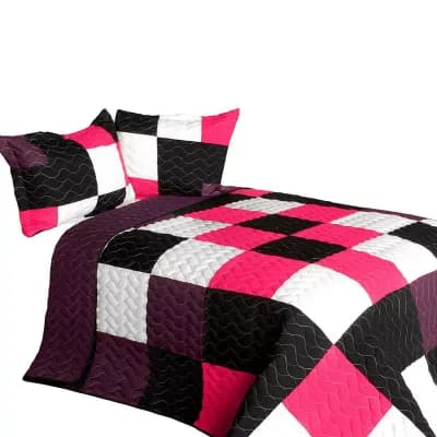 3 pc Colorblock Patchwork Quilt Set with Shams Vermicelli Quilted Bedding Set