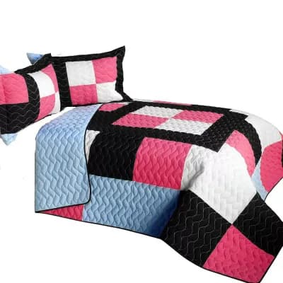 3 pc Geometric Patchwork Quilted Shams with Vermicelli Stitch Design for Bed Styling