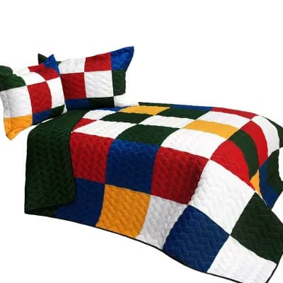 3 pc Checkered Patchwork Quilt with Vermicelli Stitch Detail and Matching Shams for Bedroom