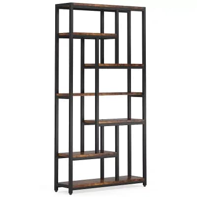 10-Shelf Staggered Bookshelf, Tall Industrial Wood and Metal Display Storage Unit