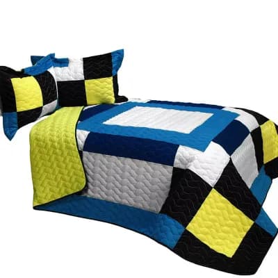 3 pc Geometric Design Quilt with Patchwork Layout and Shams for Bed Styling