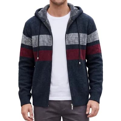 Men's Striped Hoodie Zipper Drawstring Hooded Winter Knit Sweater Jacket