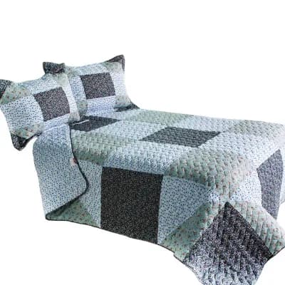 3 pc Cotton Quilt Set Reversible Floral Patchwork Design Bedding- Pillow Shams Vermicelli Stitching